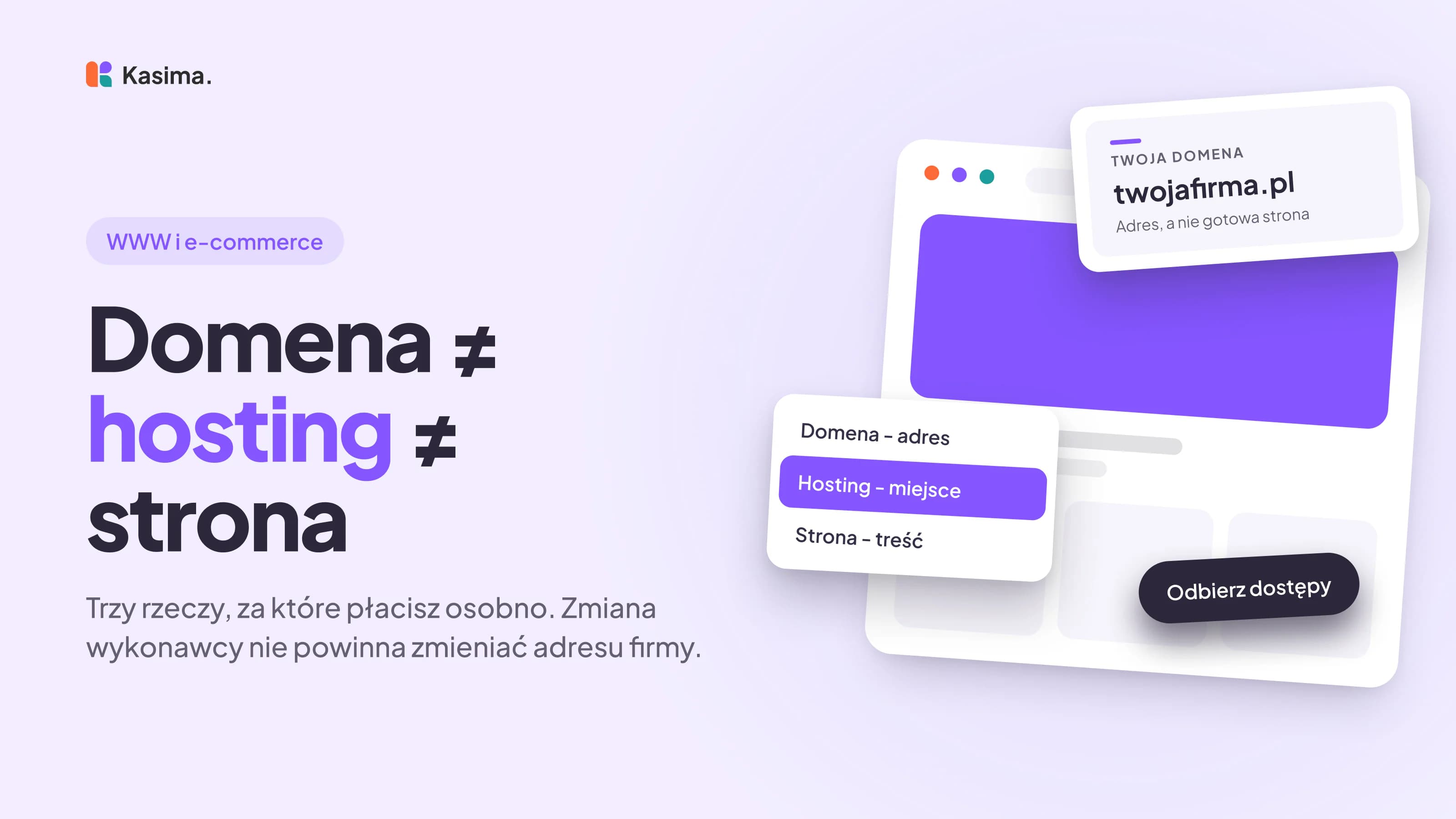 Okładka wpisu: Domena ≠ hosting ≠ strona. Trzy rzeczy, za które płacisz osobno. Zmiana wykonawcy nie powinna zmieniać adresu firmy.