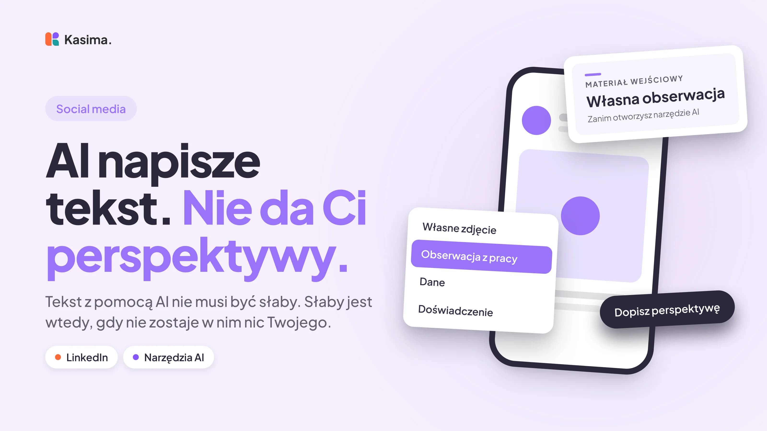 Okładka wpisu: AI napisze tekst. Nie da Ci perspektywy. Tekst z pomocą AI nie musi być słaby. Słaby jest wtedy, gdy nie zostaje w nim nic Twojego.