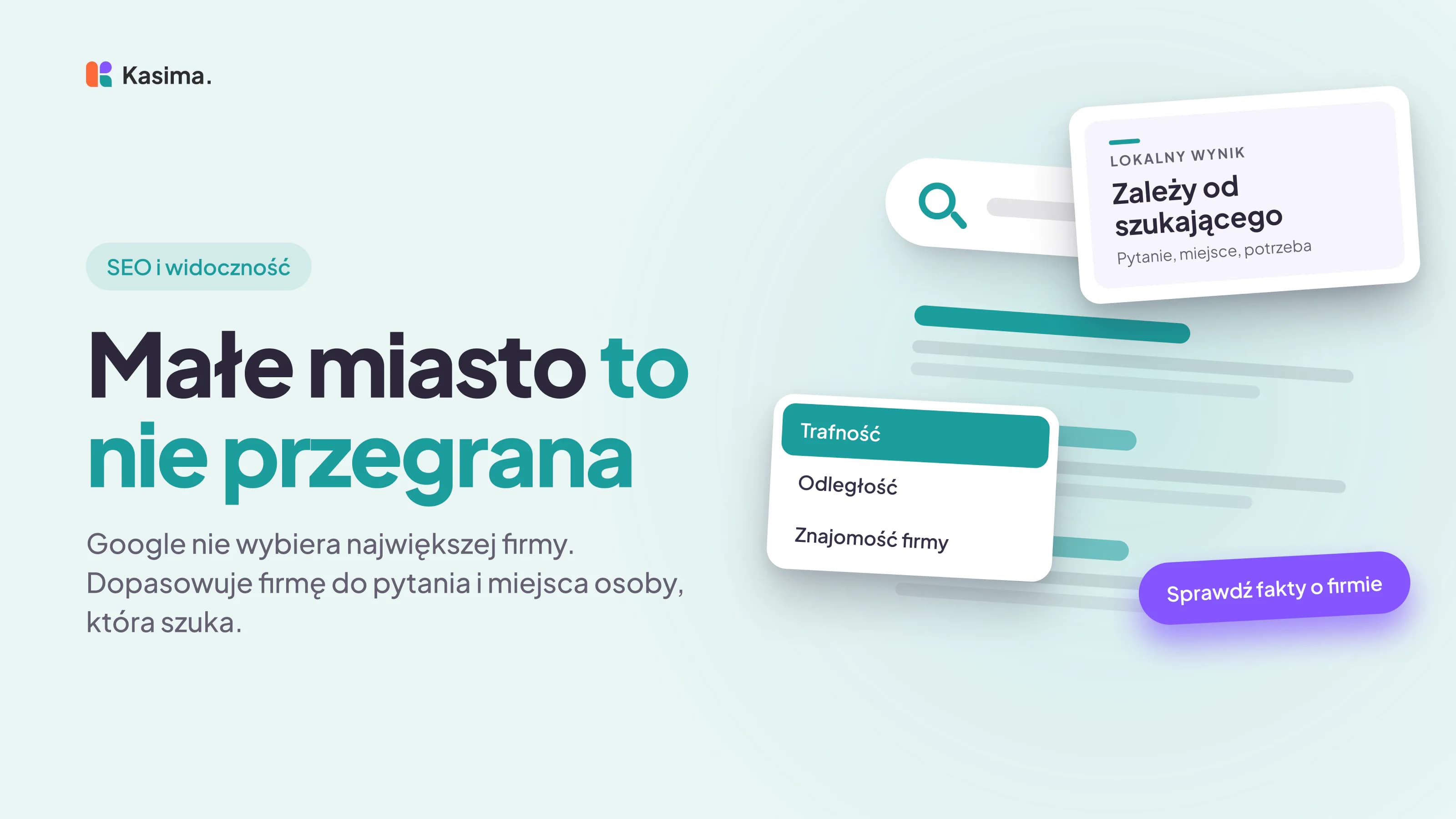 Okładka wpisu: Małe miasto to nie przegrana. Google nie wybiera największej firmy. Dopasowuje firmę do pytania i miejsca osoby, która szuka.