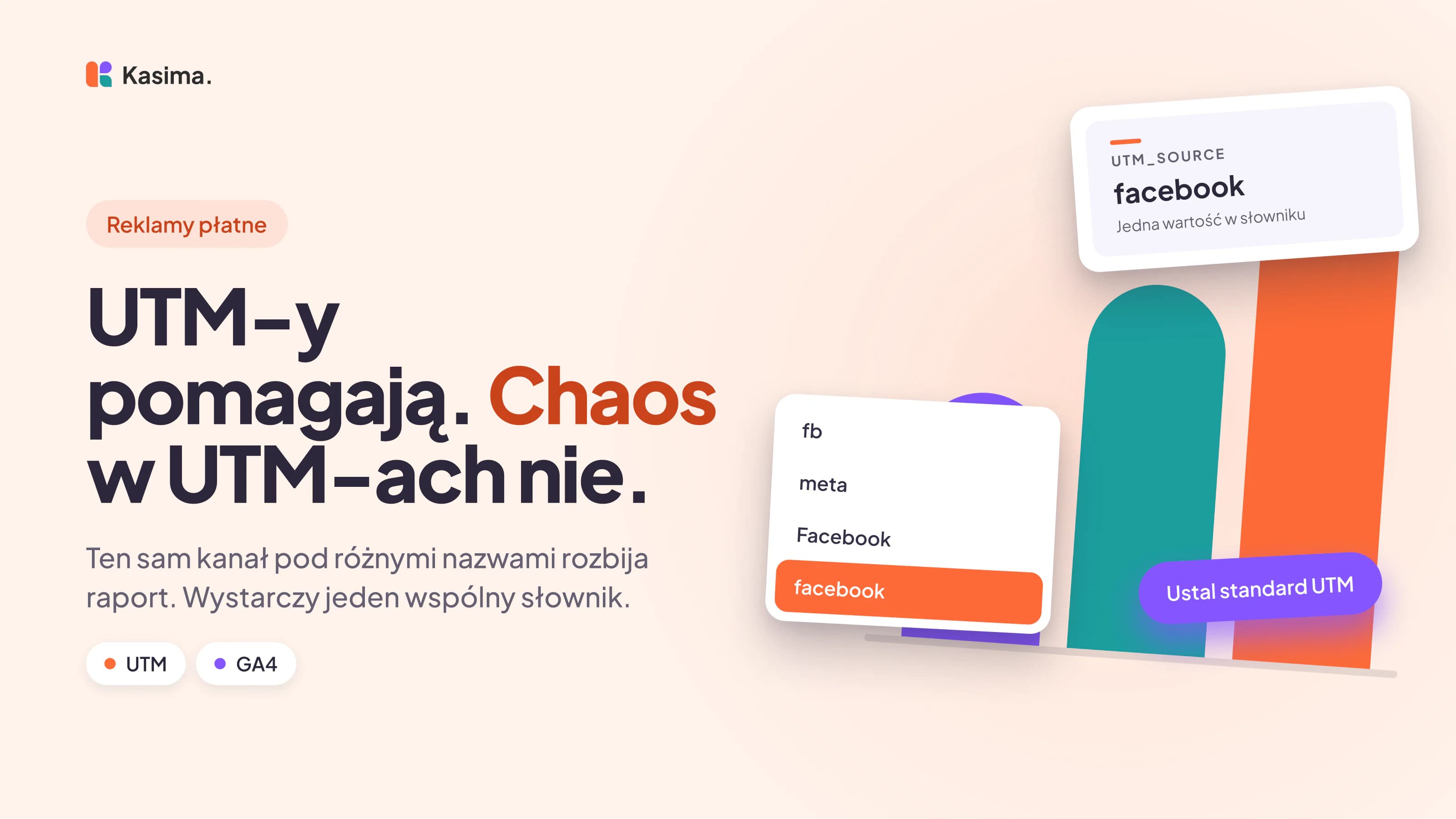 Okładka wpisu: UTM-y pomagają. Chaos w UTM-ach nie. Ten sam kanał pod różnymi nazwami rozbija raport. Wystarczy jeden wspólny słownik.
